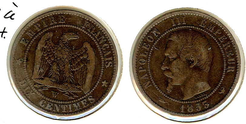 Dix centimes Napoléon III, tête nue 1855 Lille TB à TB+